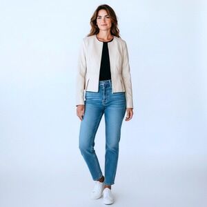 Tahari‎ Faux Leather Collarless Zip Front Peplum Jacket Cream XS